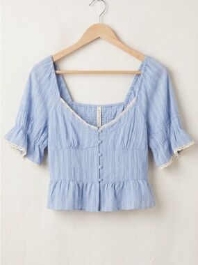 American Rag Light Blue Button-Front Lace-Trim Crop Top